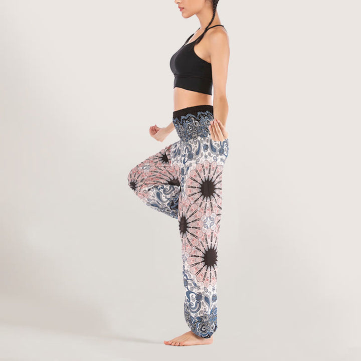 Olivenorma - Pantaloni harem da donna in viscosa con elastico in vita e stampa mandala a fiocchi di neve