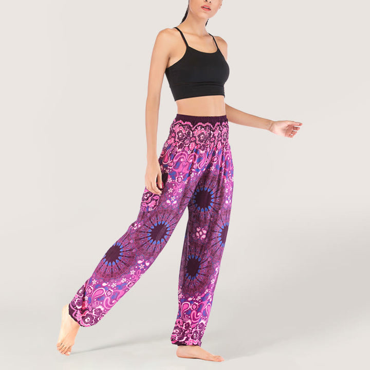 Olivenorma - Pantaloni harem da donna in viscosa con elastico in vita e stampa mandala a fiocchi di neve