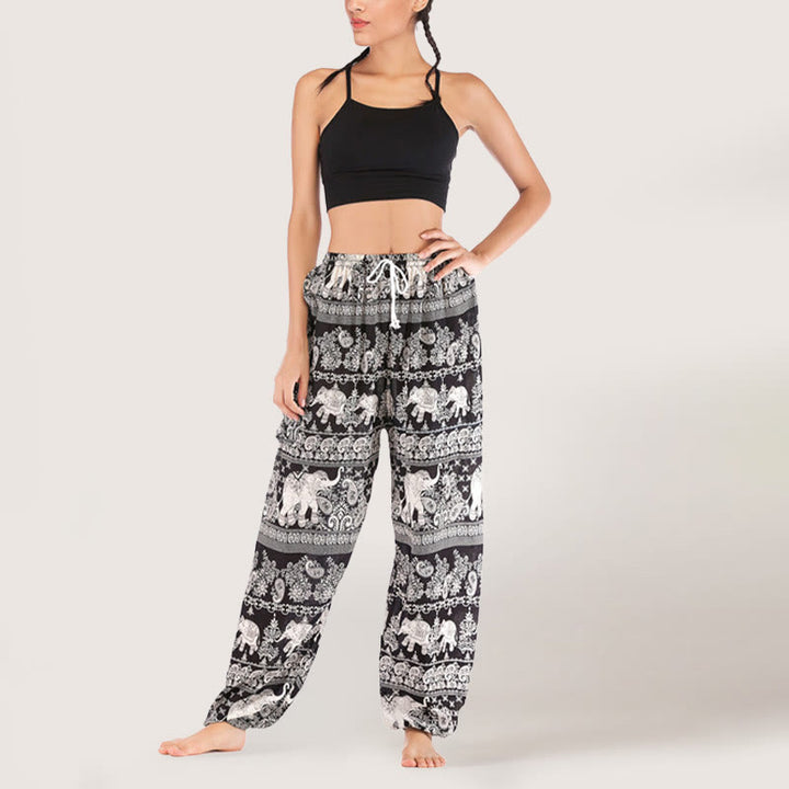 Olivenorma Pantaloni da yoga con elefante etnico, in viscosa, con elastico in vita, da donna