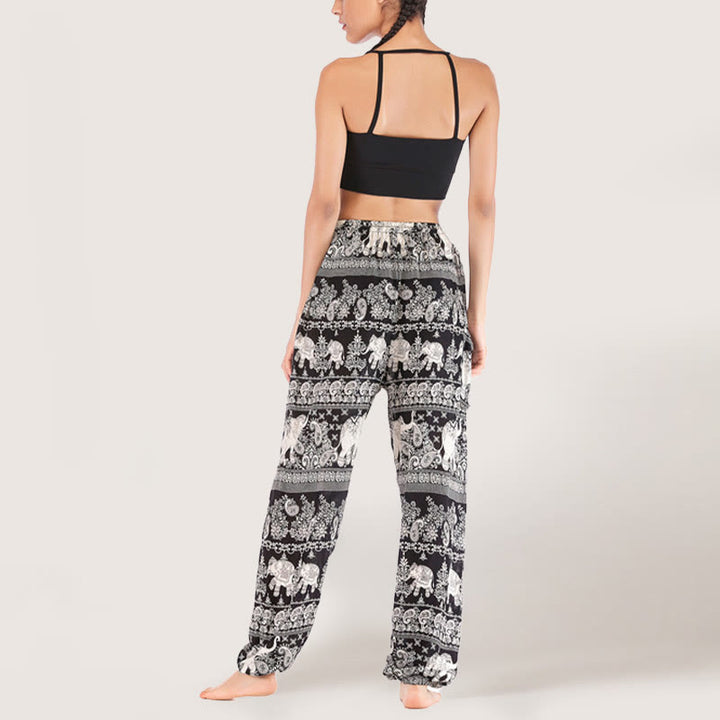 Olivenorma Pantaloni da yoga con elefante etnico, in viscosa, con elastico in vita, da donna