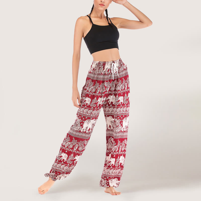 Olivenorma Pantaloni da yoga con elefante etnico, in viscosa, con elastico in vita, da donna