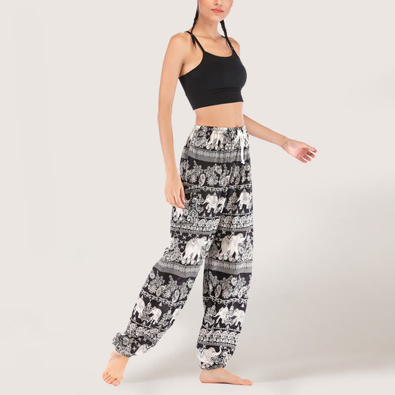 Olivenorma Pantaloni da yoga con elefante etnico, in viscosa, con elastico in vita, da donna