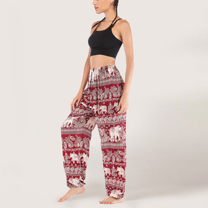 Olivenorma Pantaloni da yoga con elefante etnico, in viscosa, con elastico in vita, da donna