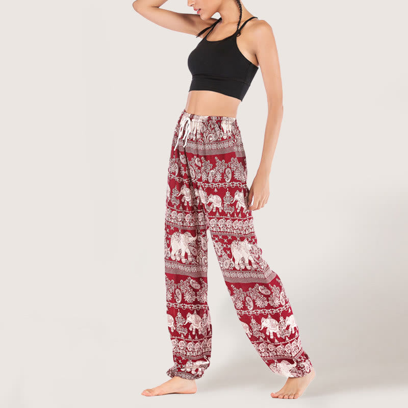 Olivenorma Pantaloni da yoga con elefante etnico, in viscosa, con elastico in vita, da donna