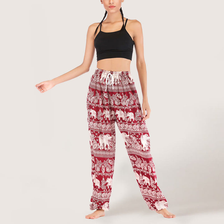 Olivenorma Pantaloni da yoga con elefante etnico, in viscosa, con elastico in vita, da donna