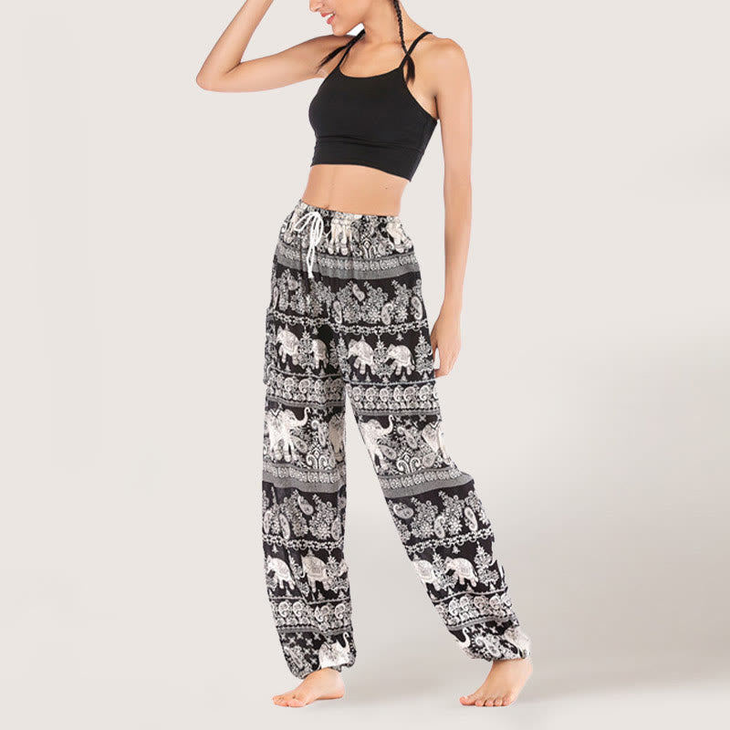 Olivenorma Pantaloni da yoga con elefante etnico, in viscosa, con elastico in vita, da donna
