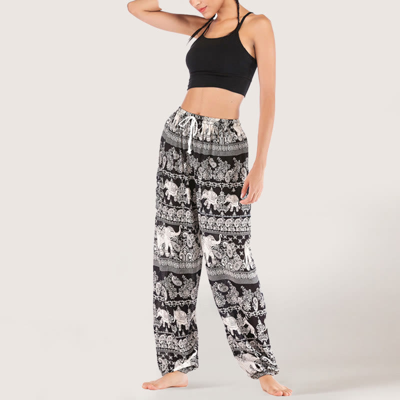 Olivenorma Pantaloni da yoga con elefante etnico, in viscosa, con elastico in vita, da donna