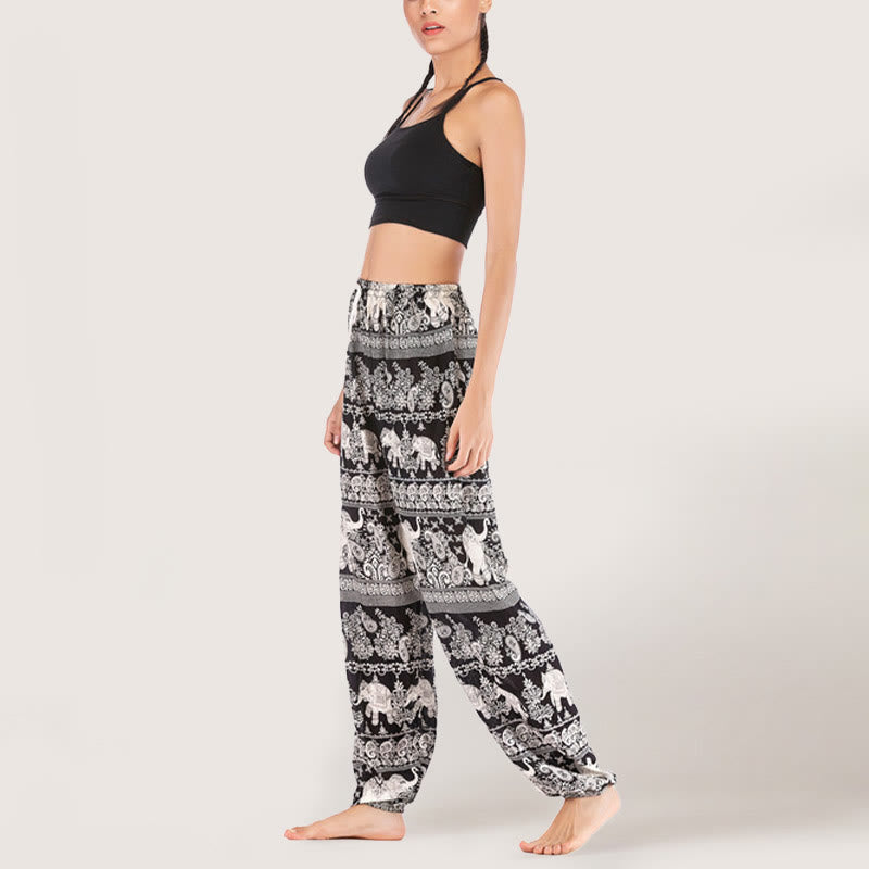 Olivenorma Pantaloni da yoga con elefante etnico, in viscosa, con elastico in vita, da donna