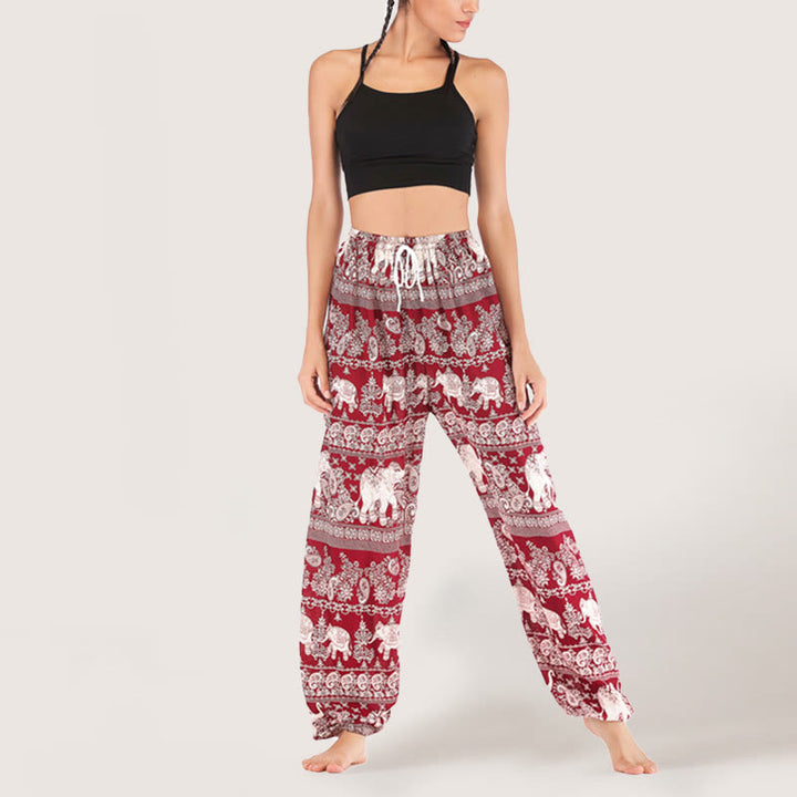 Olivenorma Pantaloni da yoga con elefante etnico, in viscosa, con elastico in vita, da donna