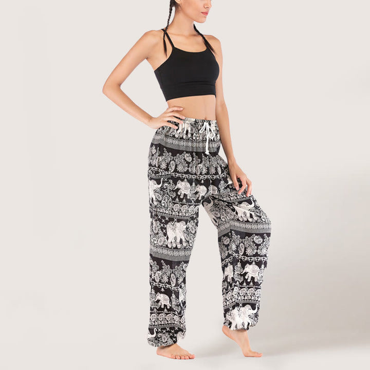 Olivenorma Pantaloni da yoga con elefante etnico, in viscosa, con elastico in vita, da donna