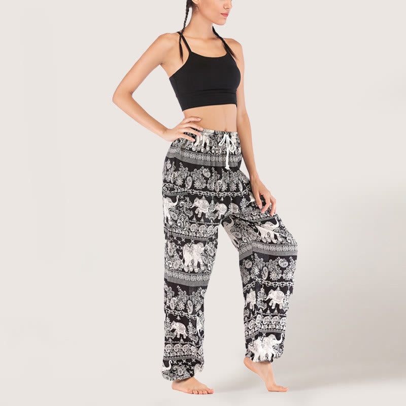 Olivenorma Pantaloni da yoga con elefante etnico, in viscosa, con elastico in vita, da donna - Nero - image 0