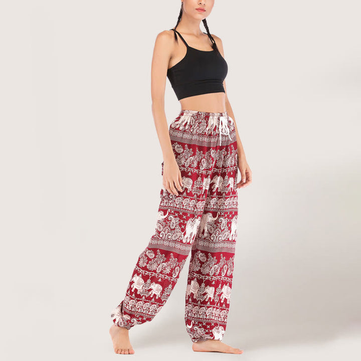 Olivenorma Pantaloni da yoga con elefante etnico, in viscosa, con elastico in vita, da donna