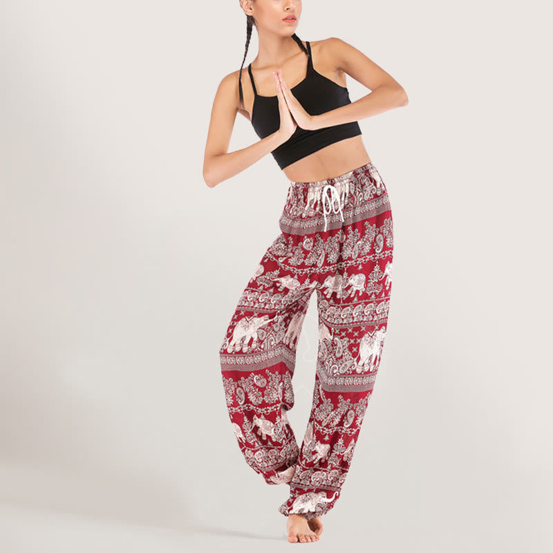 Olivenorma Pantaloni da yoga con elefante etnico, in viscosa, con elastico in vita, da donna