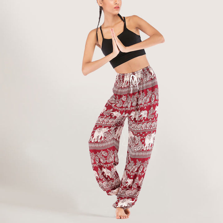 Olivenorma Pantaloni da yoga con elefante etnico, in viscosa, con elastico in vita, da donna