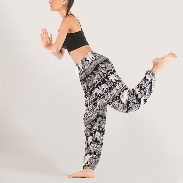 Olivenorma Pantaloni da yoga con elefante etnico, in viscosa, con elastico in vita, da donna