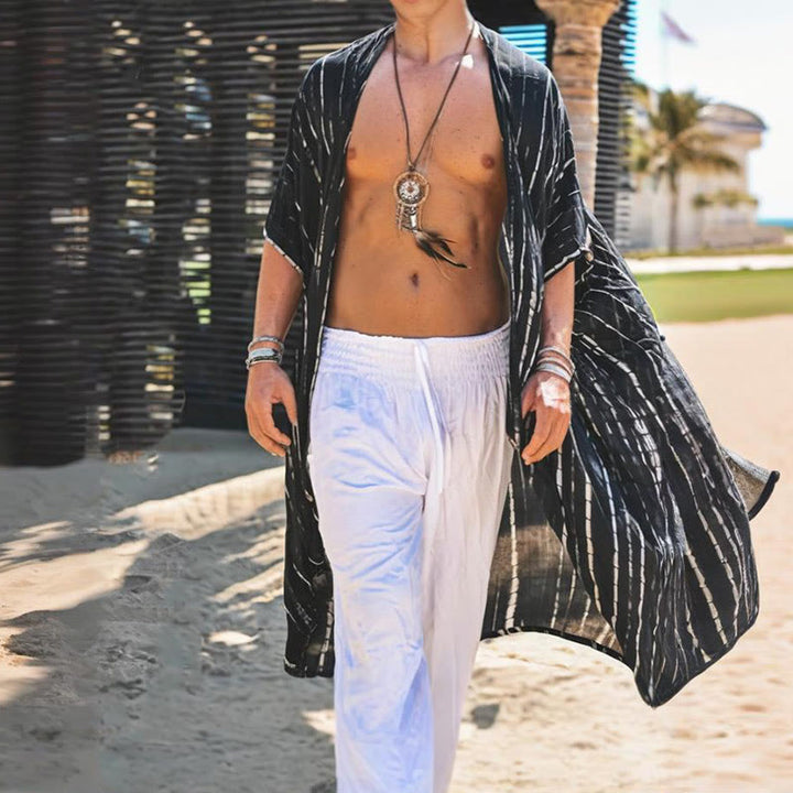 Olivenorma Cardigan da spiaggia largo a righe bianche e nere da uomo - image 3