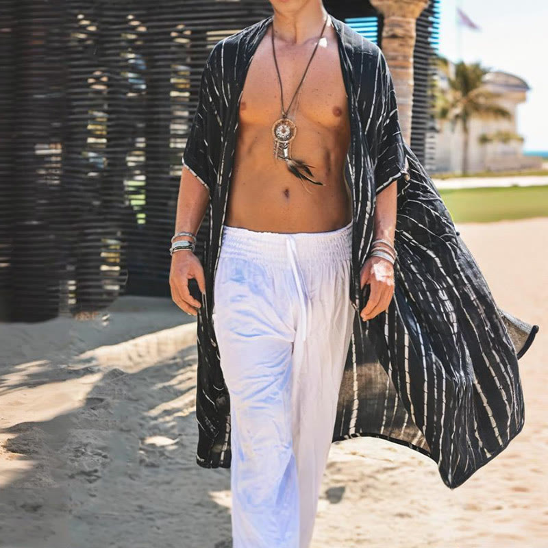 Olivenorma Cardigan da spiaggia largo a righe bianche e nere da uomo - image 2
