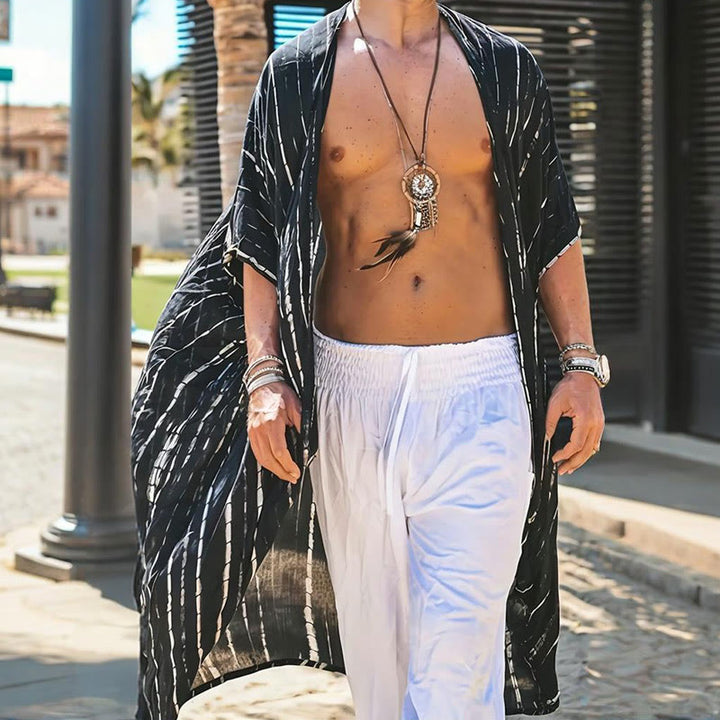 Olivenorma Cardigan da spiaggia largo a righe bianche e nere da uomo - image 1