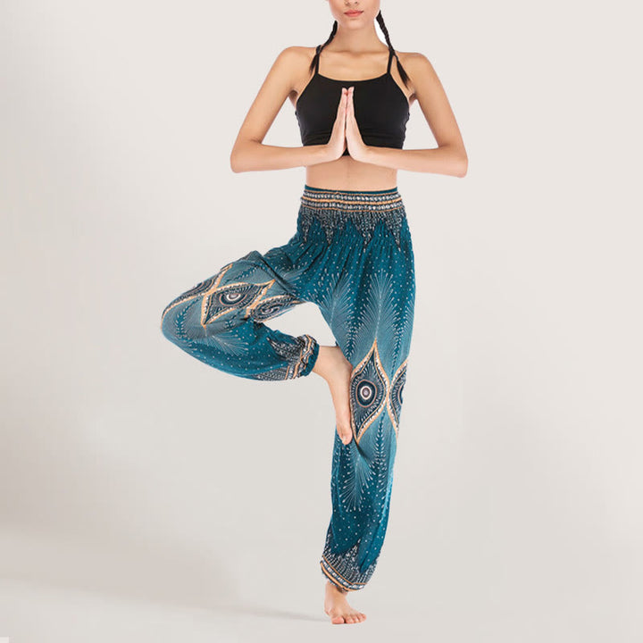 Olivenorma Boho Mandala Viscosa Pantaloni harem con elastico in vita da donna