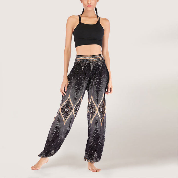 Olivenorma Boho Mandala Viscosa Pantaloni harem con elastico in vita da donna