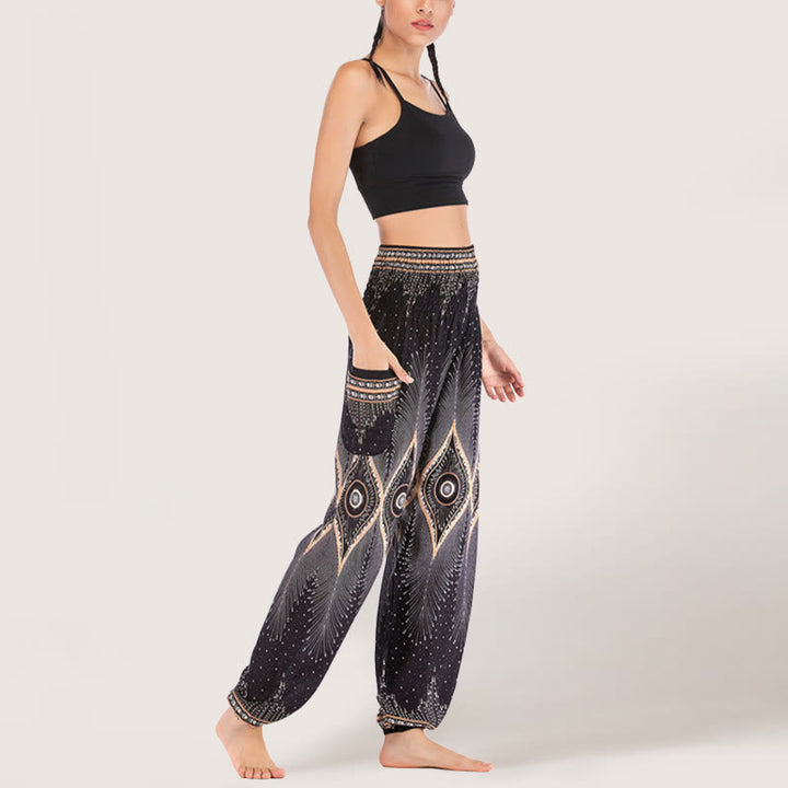 Olivenorma Boho Mandala Viscosa Pantaloni harem con elastico in vita da donna