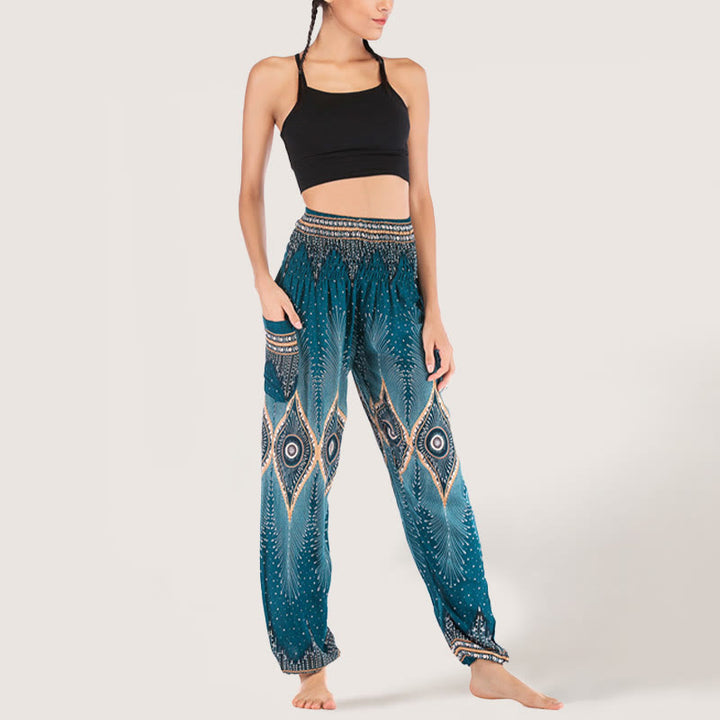 Olivenorma Boho Mandala Viscosa Pantaloni harem con elastico in vita da donna
