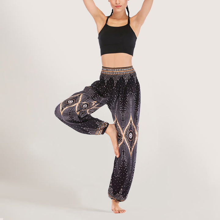 Olivenorma Boho Mandala Viscosa Pantaloni harem con elastico in vita da donna