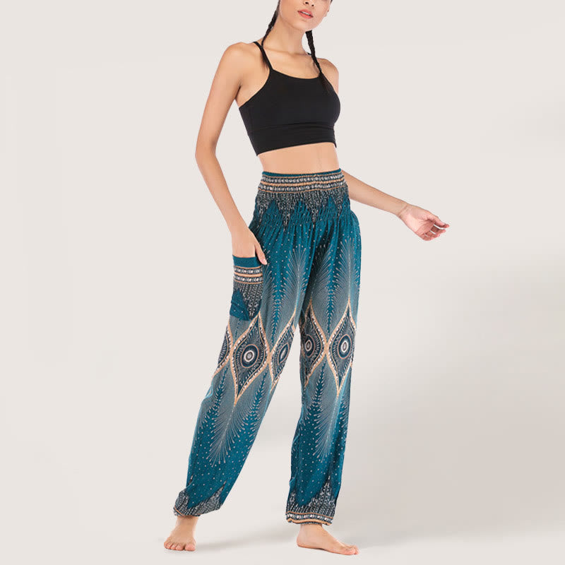 Olivenorma Boho Mandala Viscosa Pantaloni harem con elastico in vita da donna