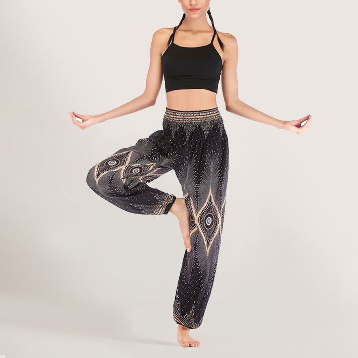 Olivenorma Boho Mandala Viscosa Pantaloni harem con elastico in vita da donna