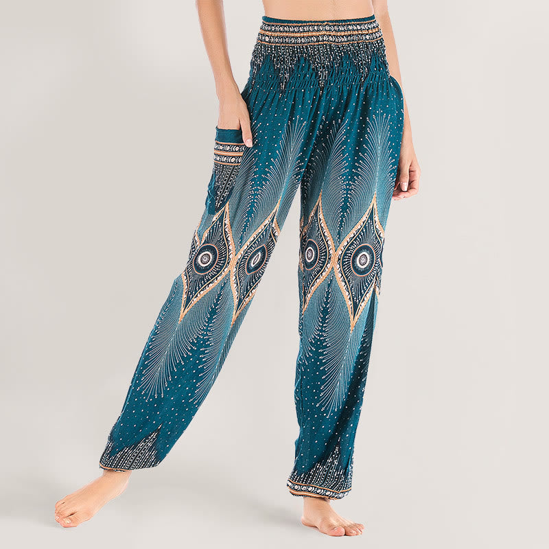 Olivenorma Boho Mandala Viscosa Pantaloni harem con elastico in vita da donna