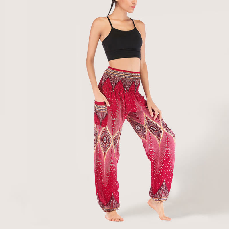 Olivenorma Boho Mandala Viscosa Pantaloni harem con elastico in vita da donna - Rosso - image 18