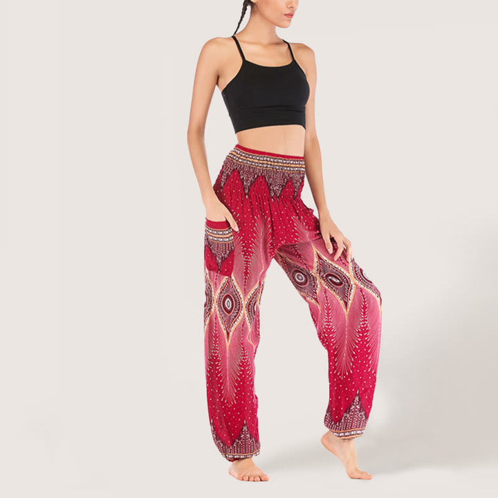 Olivenorma Boho Mandala Viscosa Pantaloni harem con elastico in vita da donna - Rosso - image 18