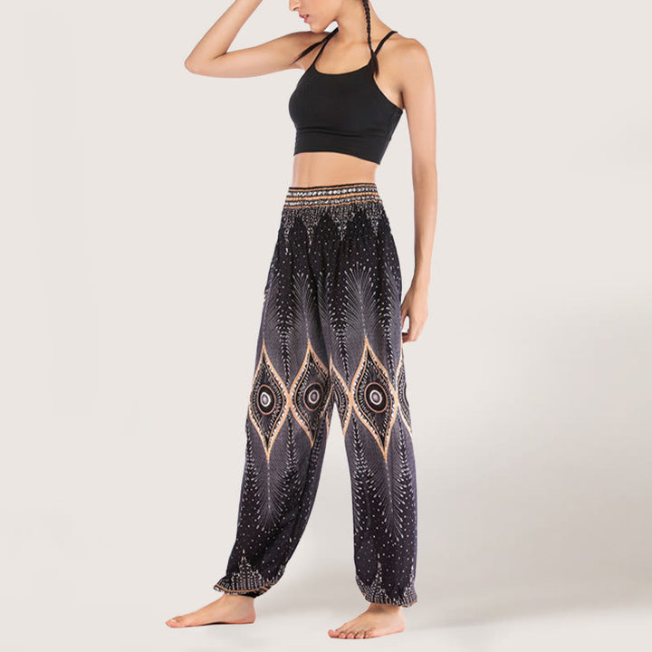 Olivenorma Boho Mandala Viscosa Pantaloni harem con elastico in vita da donna