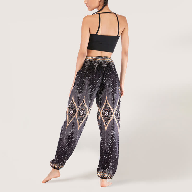 Olivenorma Boho Mandala Viscosa Pantaloni harem con elastico in vita da donna