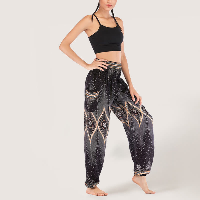 Olivenorma Boho Mandala Viscosa Pantaloni harem con elastico in vita da donna - Nero - image 9