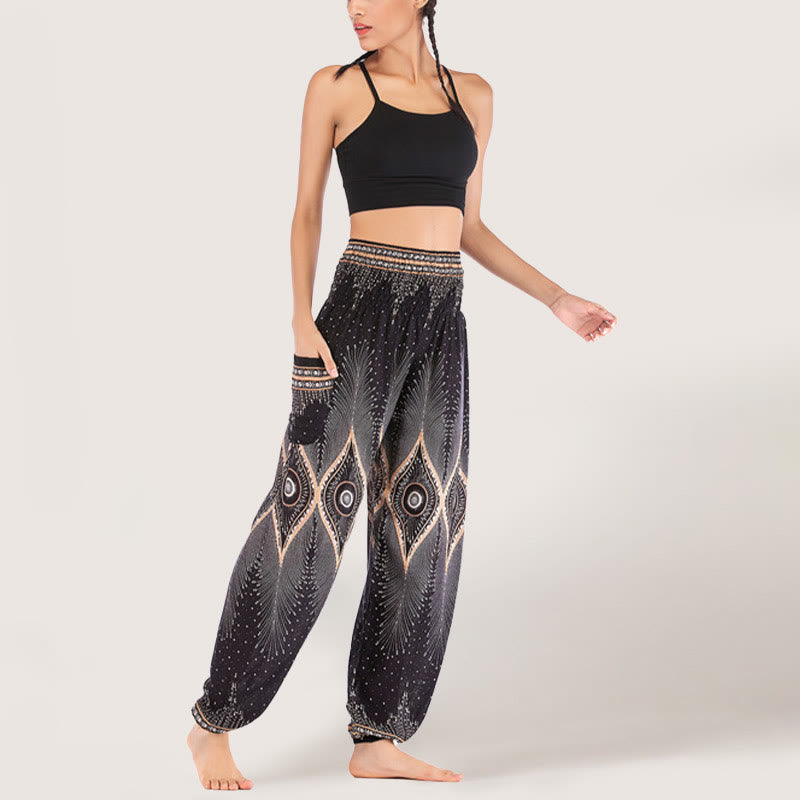 Olivenorma Boho Mandala Viscosa Pantaloni harem con elastico in vita da donna
