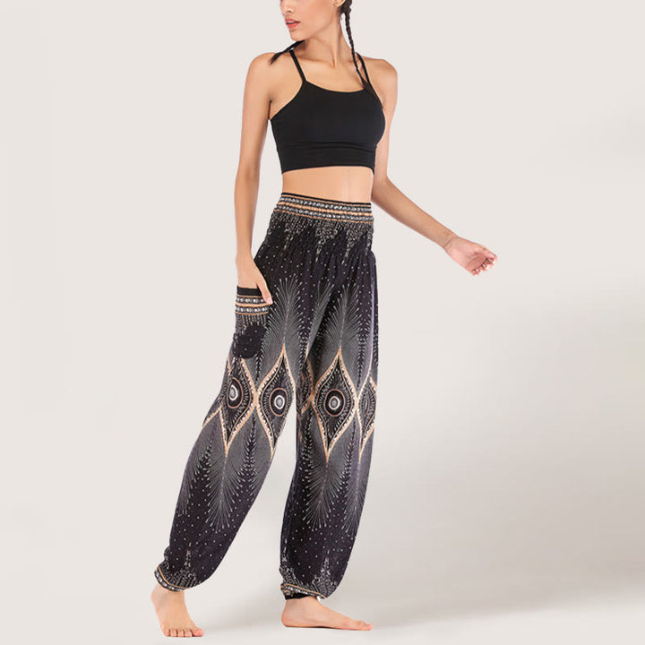 Olivenorma Boho Mandala Viscosa Pantaloni harem con elastico in vita da donna