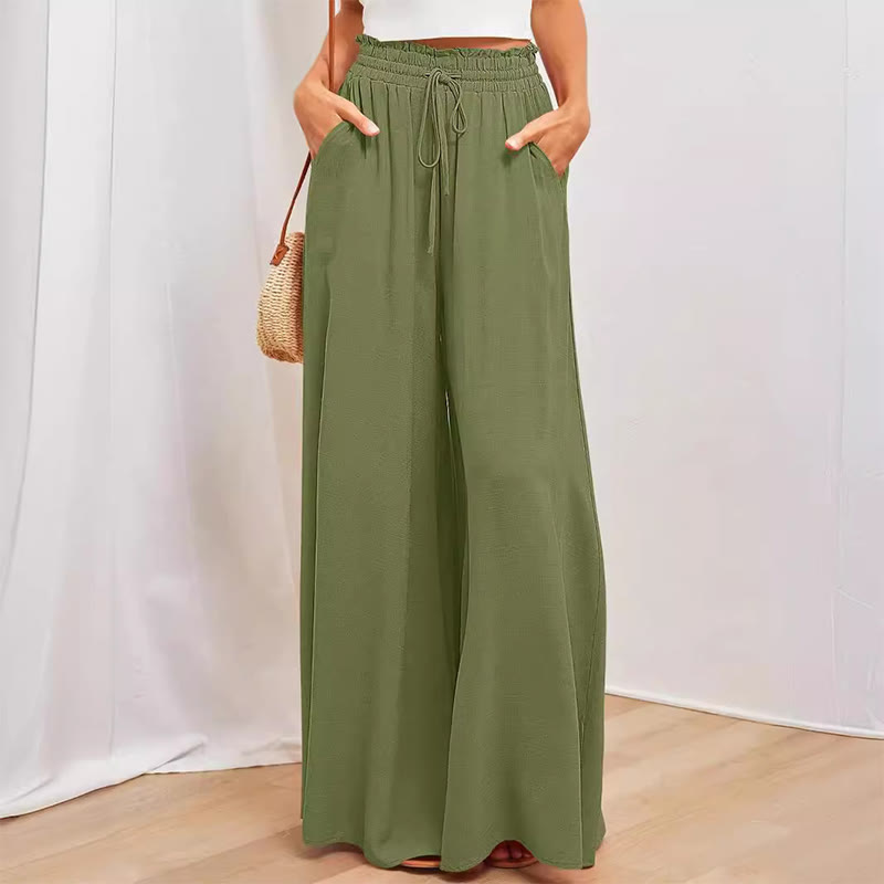 Olivenorma - Pantaloni palazzo casual larghi a vita alta in tinta unita con tasche da donna - Verde - XXL - image 9