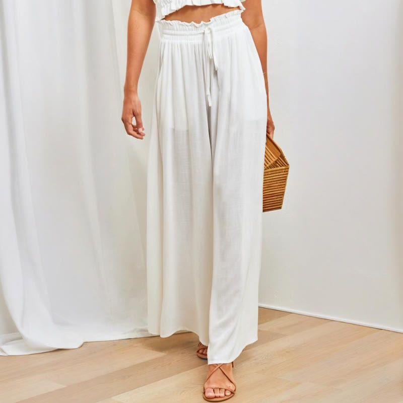 Olivenorma - Pantaloni palazzo casual larghi a vita alta in tinta unita con tasche da donna - Bianco - XXL - image 13