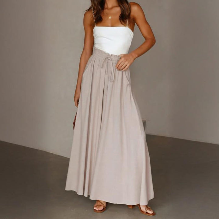 Olivenorma - Pantaloni palazzo casual larghi a vita alta in tinta unita con tasche da donna - Beige - XXL - image 24