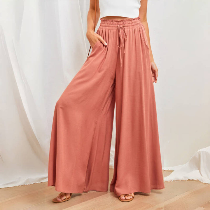Olivenorma - Pantaloni palazzo casual larghi a vita alta in tinta unita con tasche da donna - Corallo - XXL - image 18