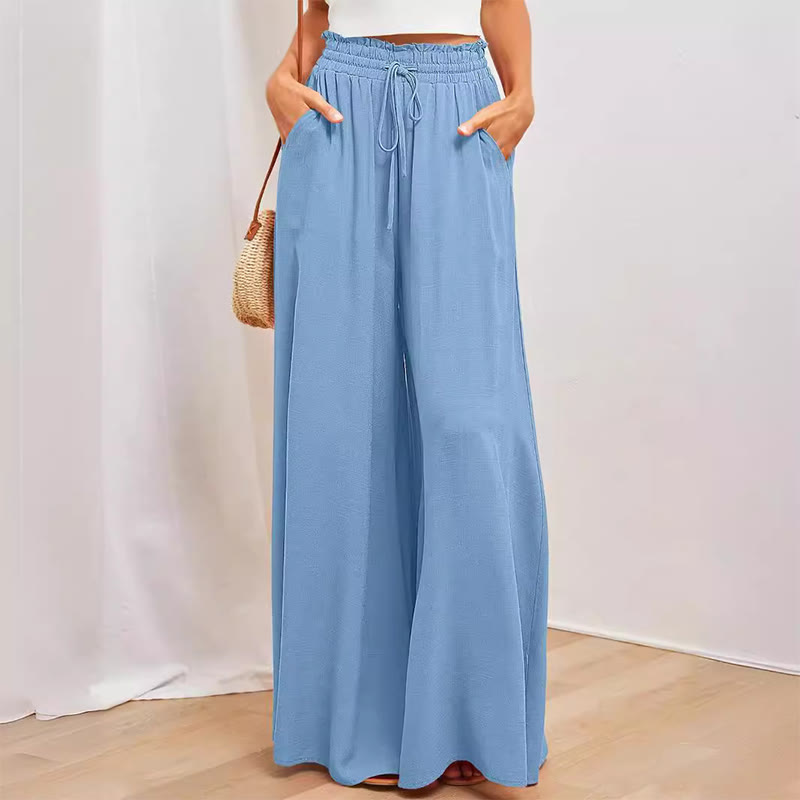 Olivenorma - Pantaloni palazzo casual larghi a vita alta in tinta unita con tasche da donna - Cielo blu - XXL - image 6