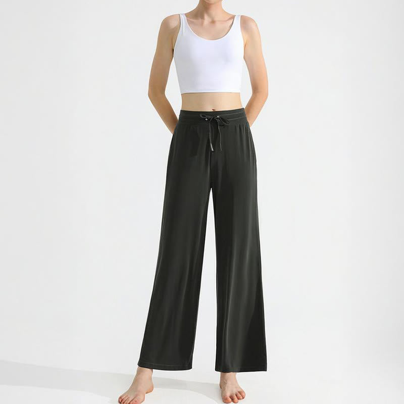 Olivenorma - Pantaloni da yoga da donna con coulisse e drappeggio in tinta unita