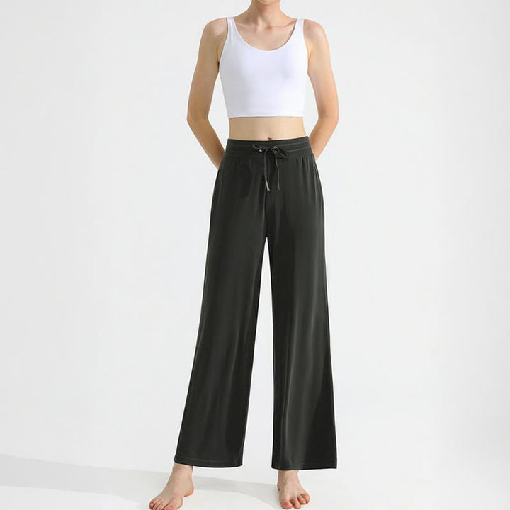 Olivenorma - Pantaloni da yoga da donna con coulisse e drappeggio in tinta unita