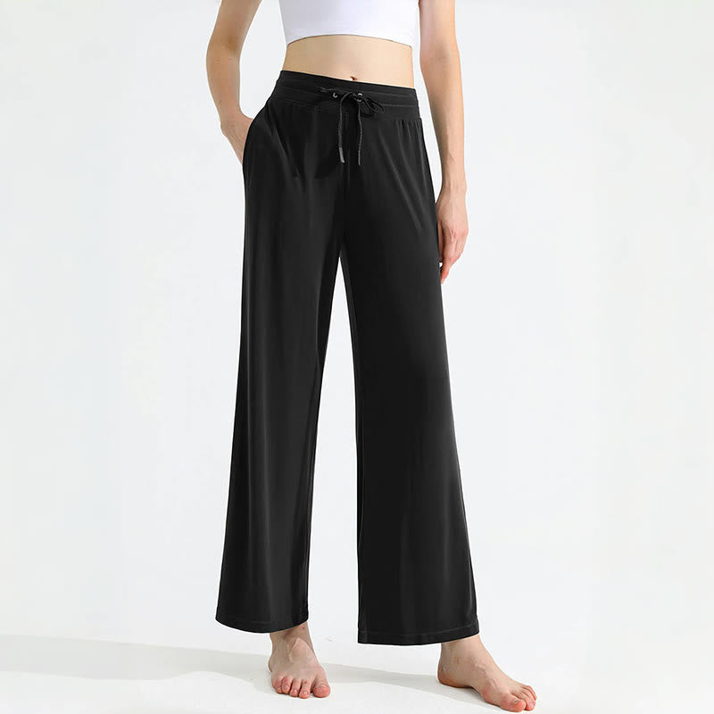 Olivenorma - Pantaloni da yoga da donna con coulisse e drappeggio in tinta unita