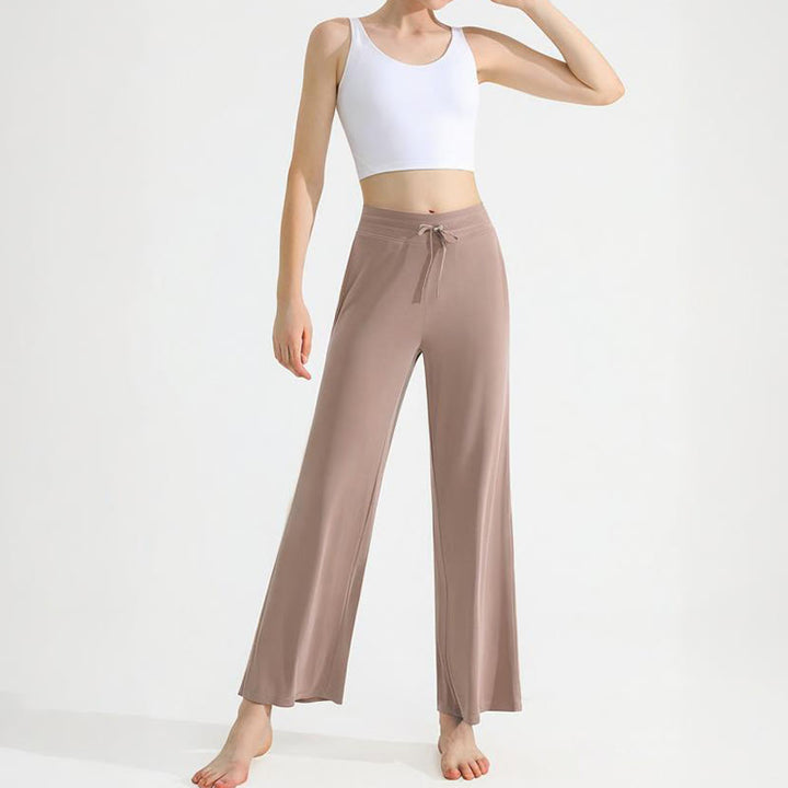 Olivenorma - Pantaloni da yoga da donna con coulisse e drappeggio in tinta unita