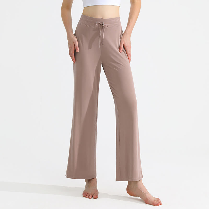 Olivenorma - Pantaloni da yoga da donna con coulisse e drappeggio in tinta unita - Cachi - XL - image 0