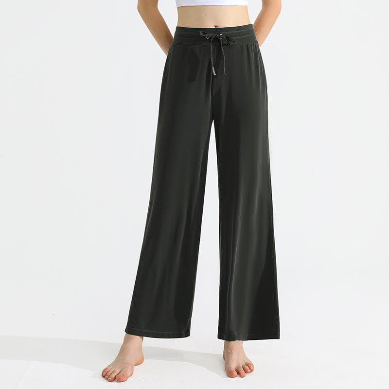 Olivenorma - Pantaloni da yoga da donna con coulisse e drappeggio in tinta unita