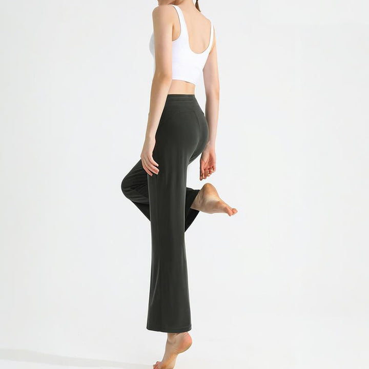 Olivenorma - Pantaloni da yoga da donna con coulisse e drappeggio in tinta unita