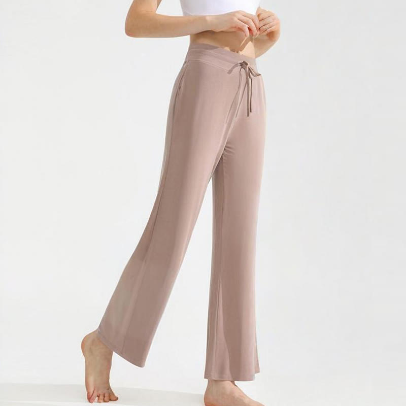 Olivenorma - Pantaloni da yoga da donna con coulisse e drappeggio in tinta unita